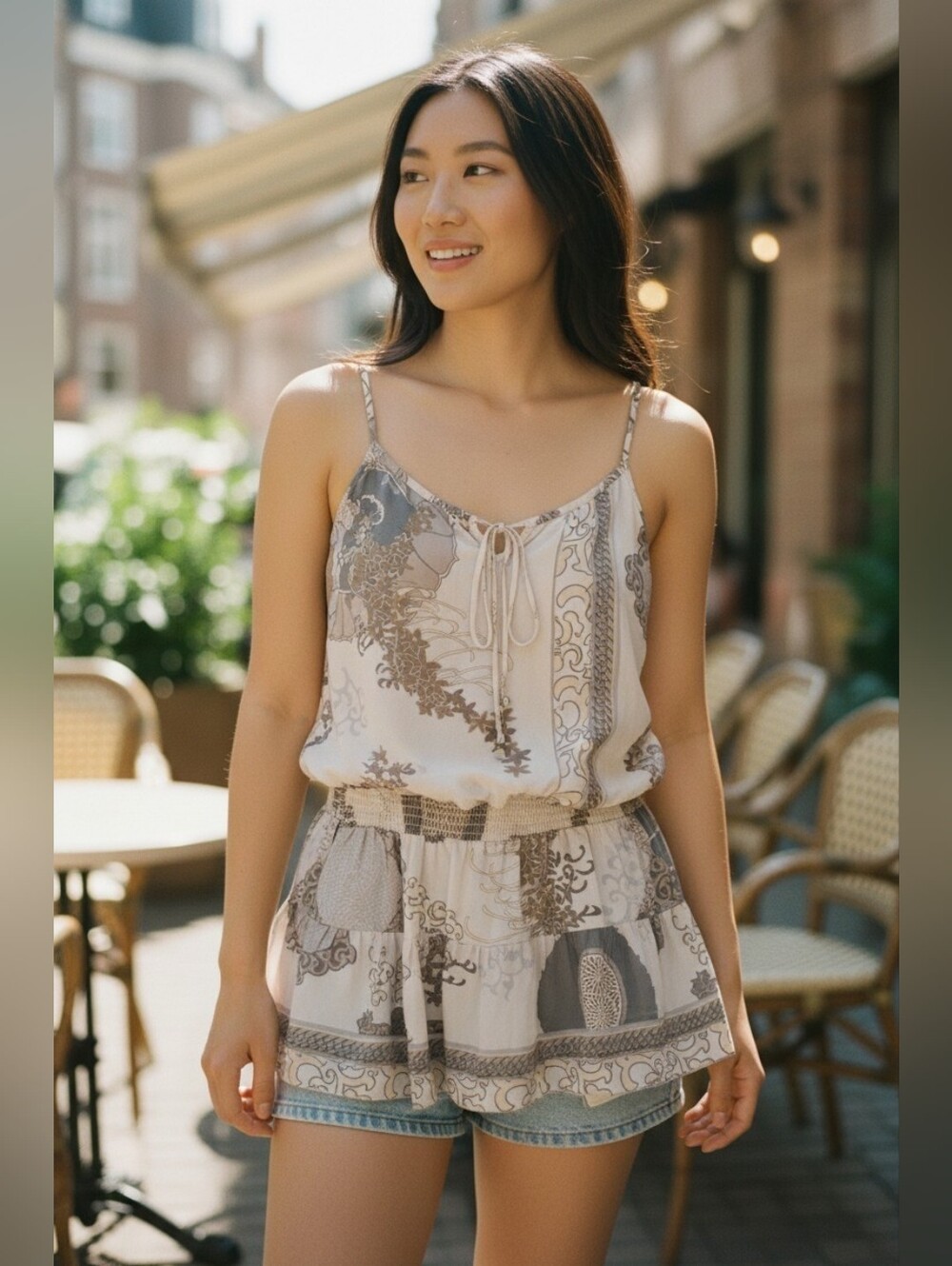Hale Bob Silk Cream and Gray Printed Tie-Front Blouse